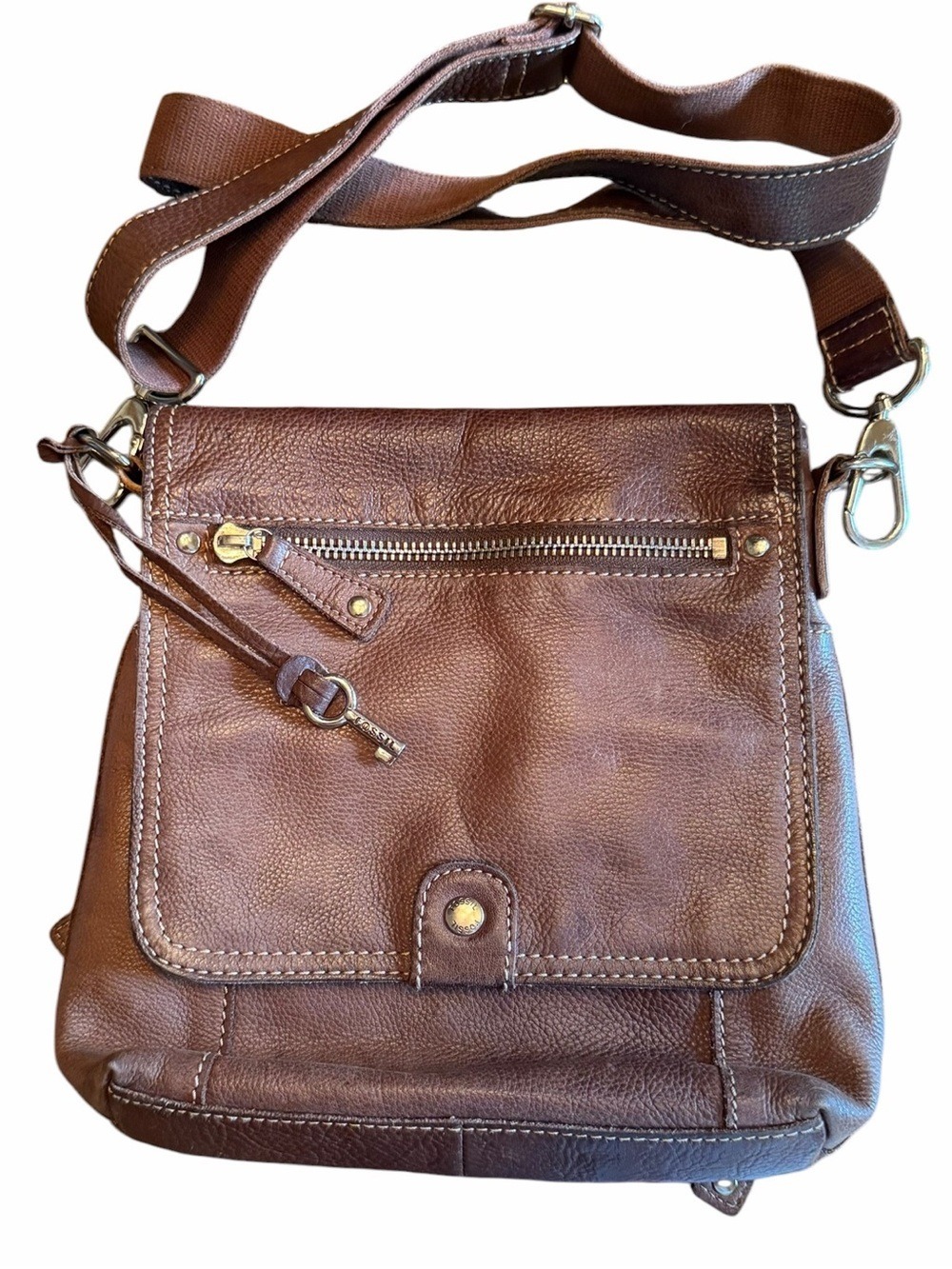 Fossil Brown Distressed Pebbled Leather Detachable Strap Crossbody Messenger Bag